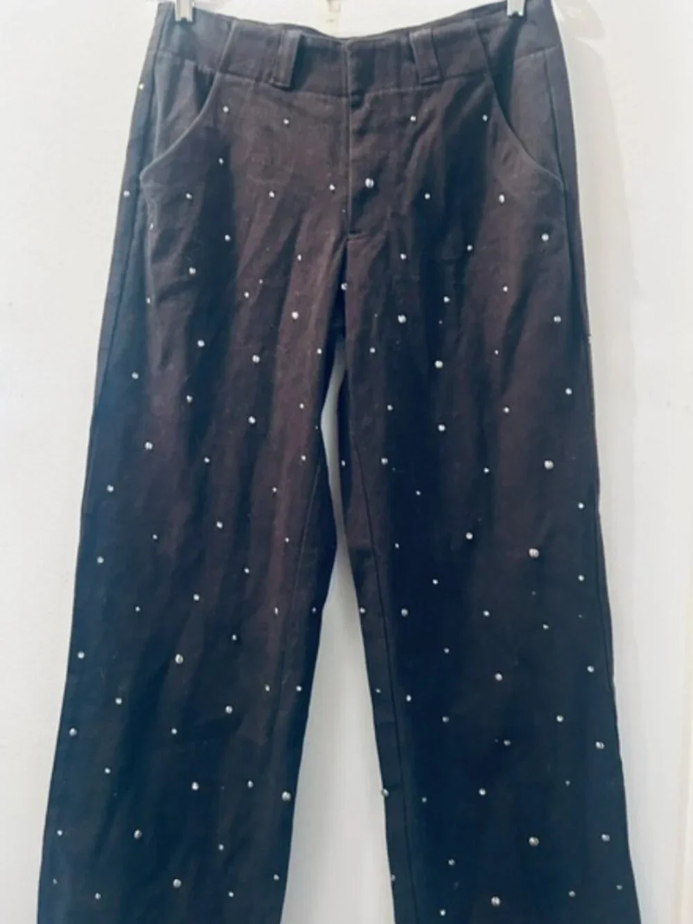 Free People Chocolate Brown Embellished Rhinestone Stud Trousers NEW